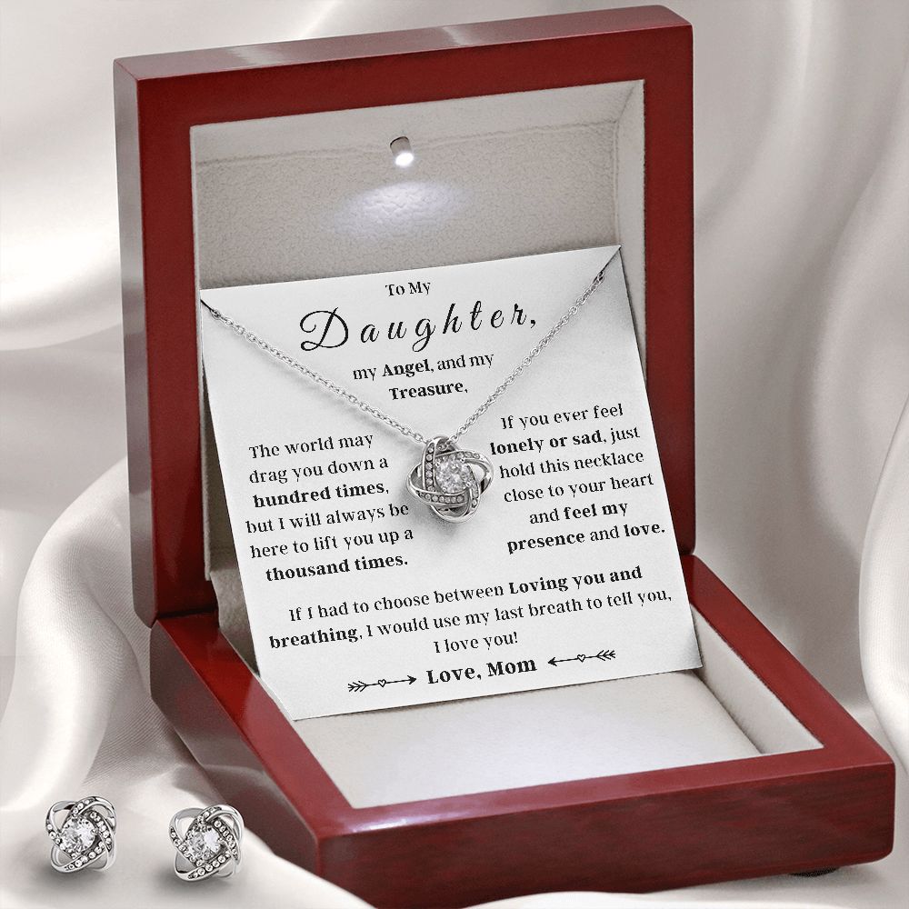 Love Knot Necklace with Free Zirconia Earring, Gift Box, and Velvet Pouch