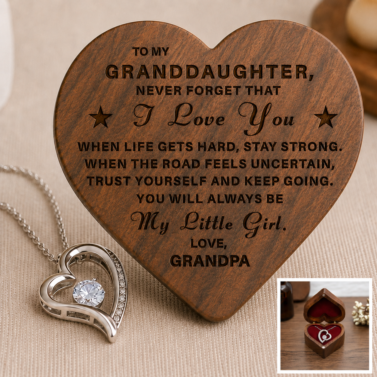 To My Granddaughter / Love Grandpa Luxury Wood Heart Necklace Gift #2610